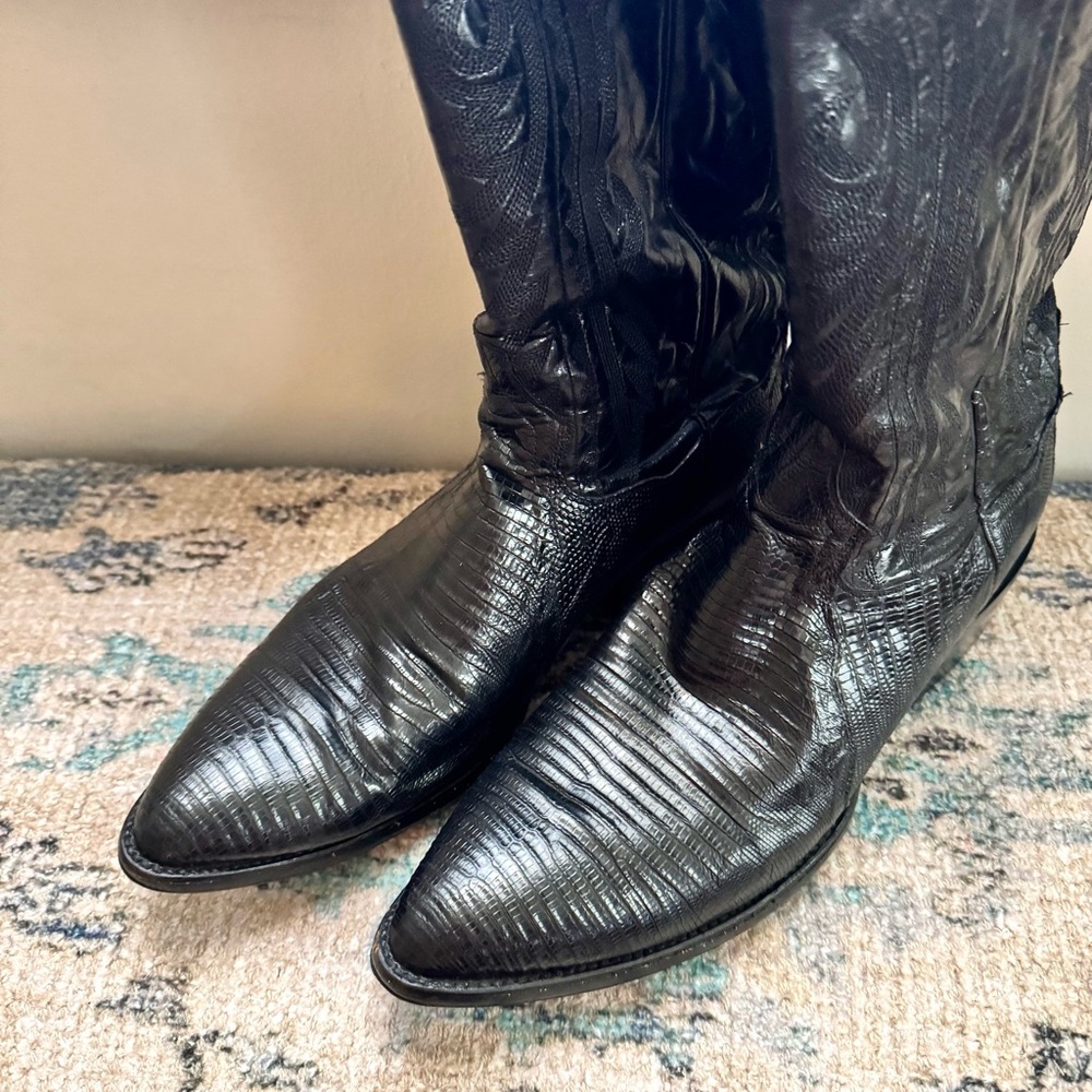 Vintage Dan Post Black Black Leather/ Lizard Western Cowboy Boots size 11 Men’s - Picture 5 of 12